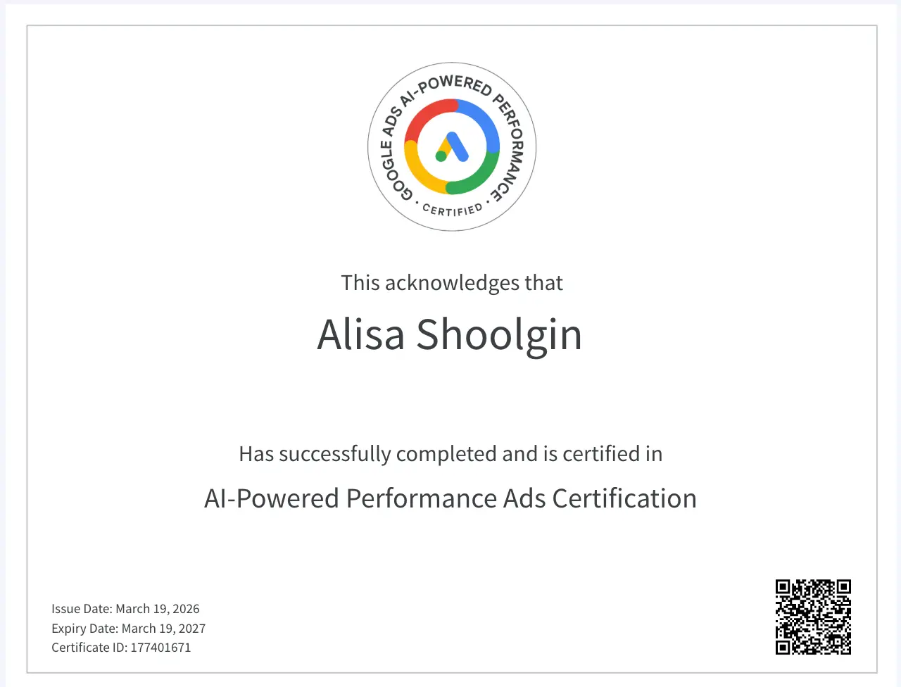 Google AI-Powered Performance Ads Certification – Alisa Shoolgin – MarketRamp