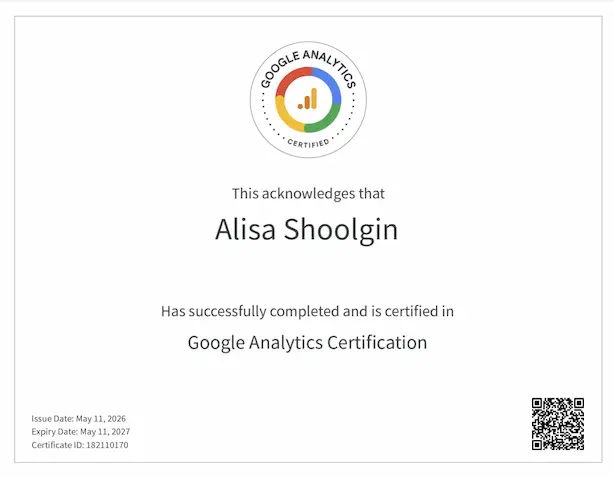 Alisa Shoolgin - Google Analitics Certification