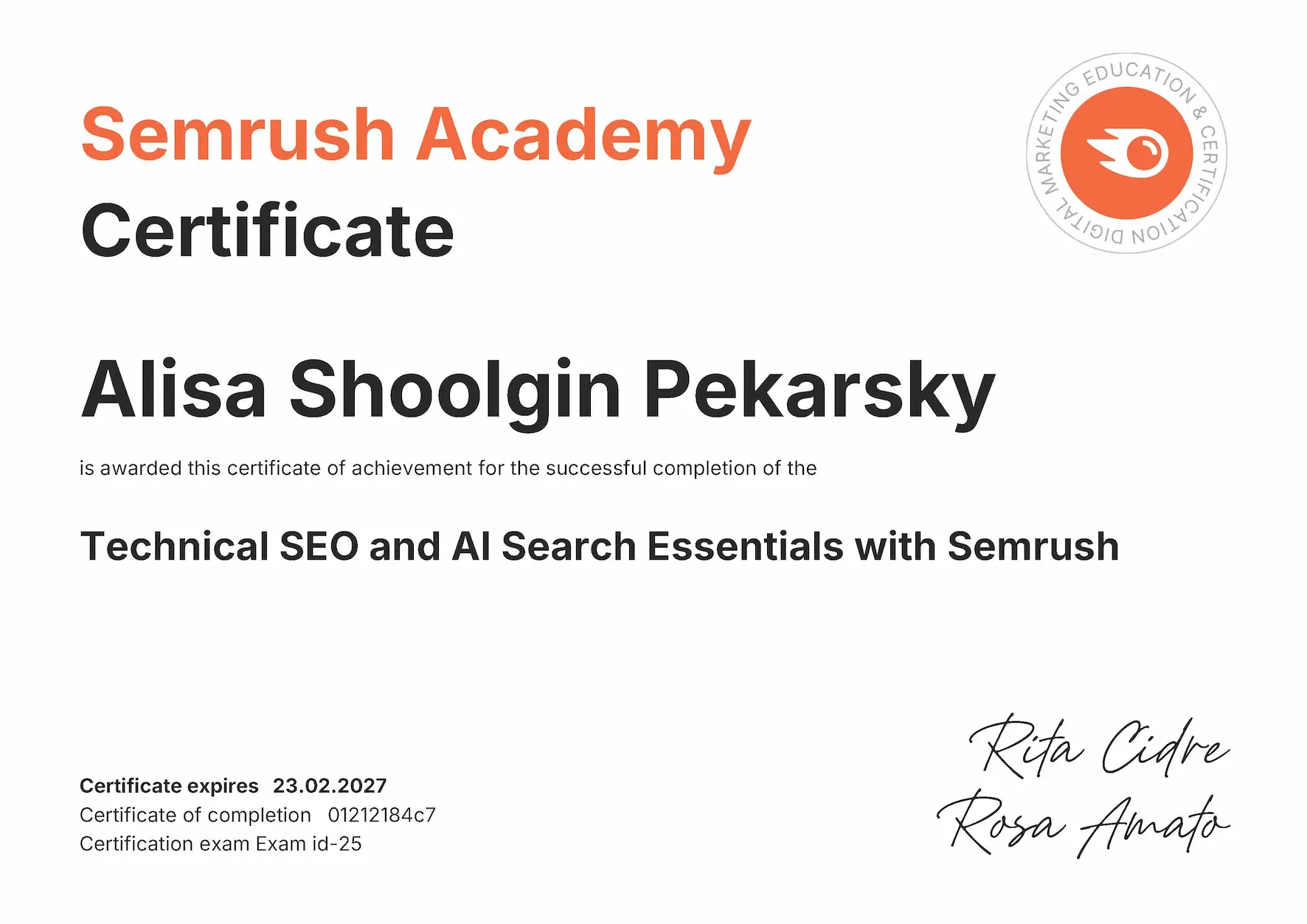 Semrush Academy SEO and AI Search Certification – Alisa Shoolgin – MarketRamp