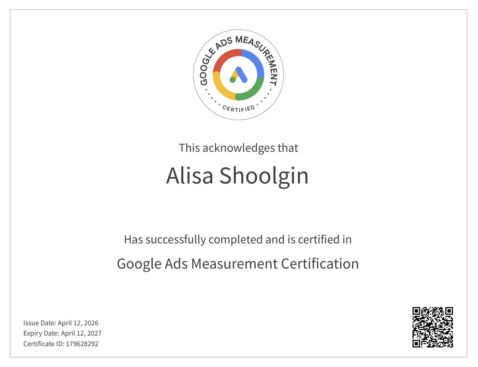 Google Ads Measurement Certification – Alisa Shoolgin – MarketRamp