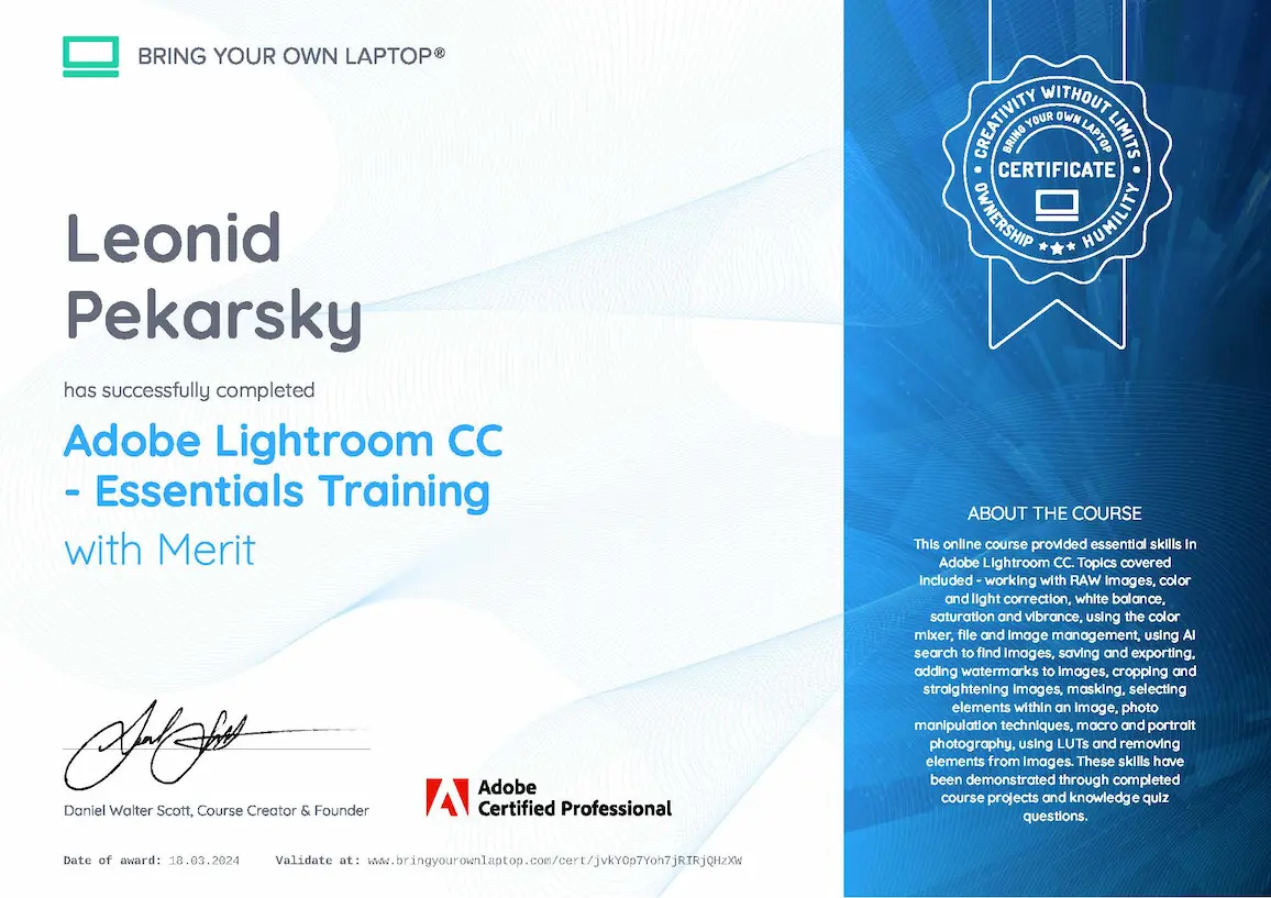 Adobe Lightroom CC Certification – Leonid Pekarsky – MarketRamp