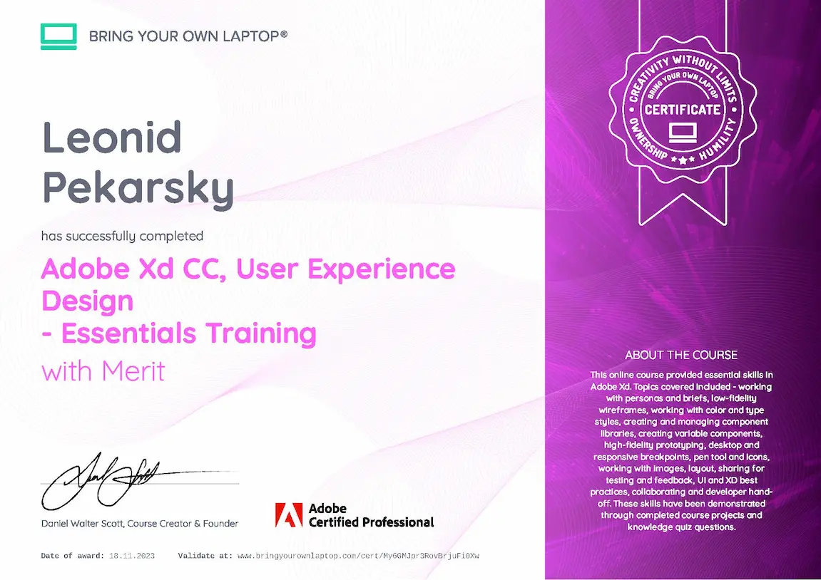 Adobe Xd CC Certification – Leonid Pekarsky – MarketRamp