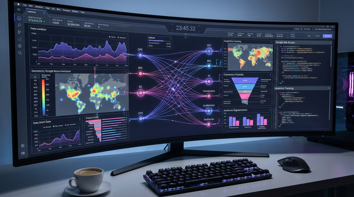 Ultrabreiter Monitor mit umfassendem Paid Ads Analytics Dashboard mit Conversion-Funnels und Zielgruppensegmentierung — MarketRamp bezahlte Kampagnen