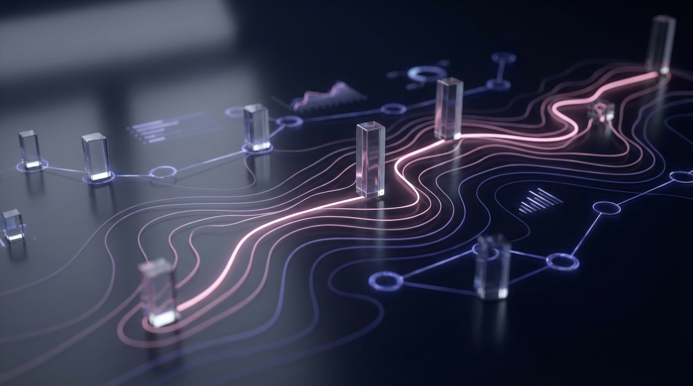 Strategische Marktanalyse-Karte – 3D-Visualisierung vernetzter Datenpfade und leuchtender Netzwerkknoten — MarketRamp Marketingstrategie