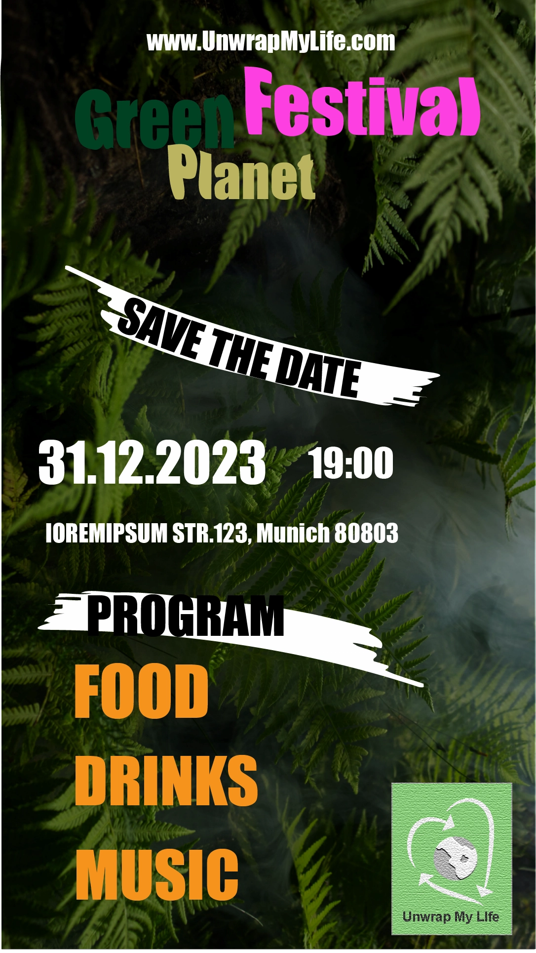 Save-the-Date-Eventposter-Design für ein Festival auf dunklem Dschungel-Hintergrund — MarketRamp Portfolio Eventpromotion und Grafikdesign-Konzept