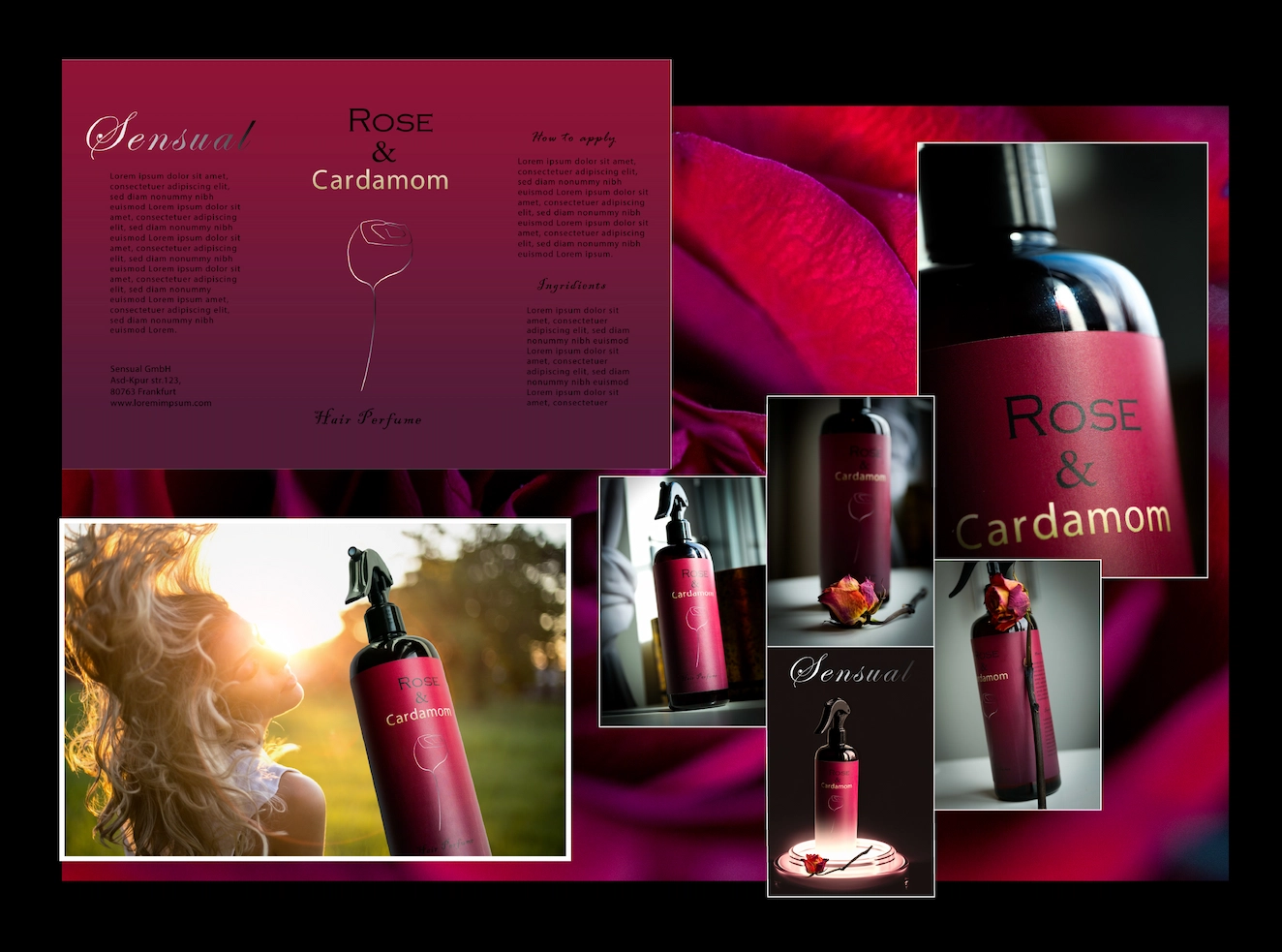 Produktfotografie-Collage für eine Haar-Parfüm-Marke  Rose and Cardamom, bestehend aus Produktaufnahmen, Lifestyle-Bildern und Broschürendesign — MarketRamp Portfolio Produktfotografie und Grafikdesign