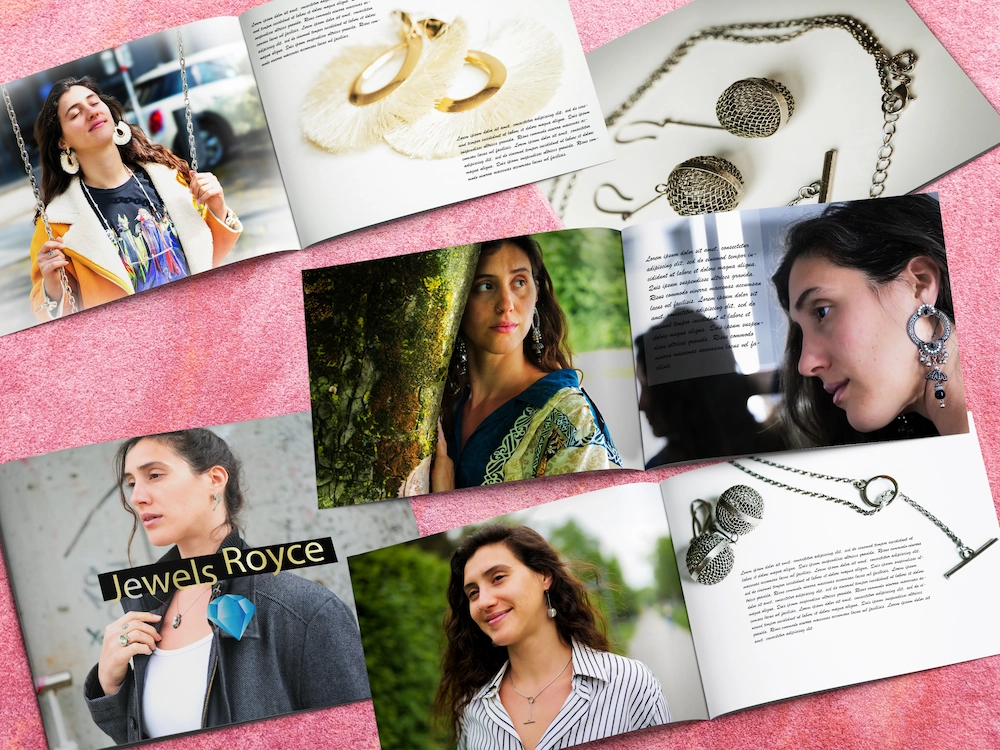 Modefotografie-Collage für eine Schmuckmarke mit Frauen, die auffällige Ohrringe und Halsketten tragen, sowie Produktkatalog-Layout auf rosa Hintergrund — MarketRamp Portfolio Produktfotografie und Grafikdesign